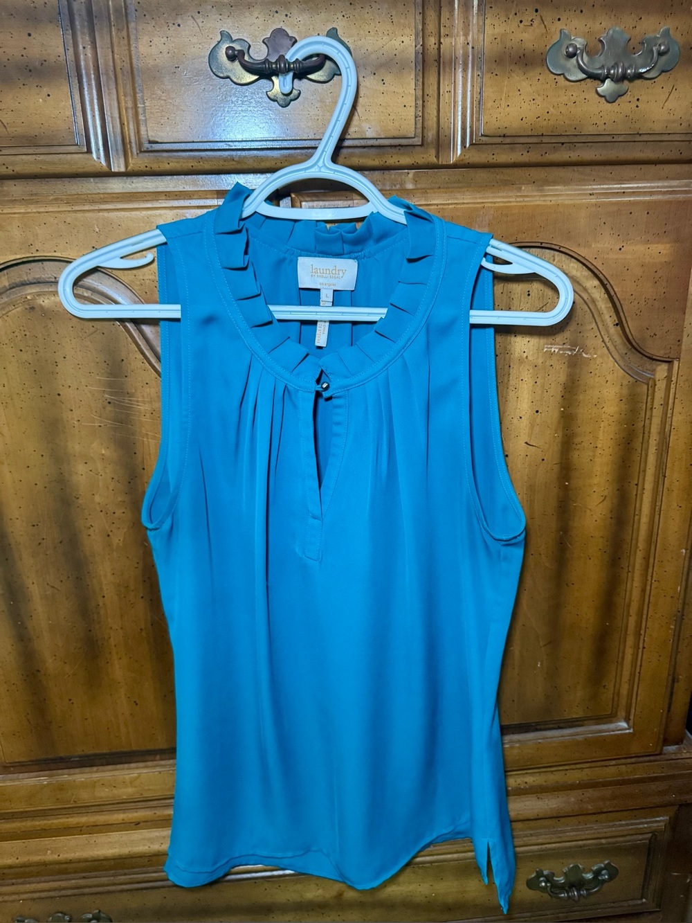 Laundry by Shelli Segal Teal Blue Ruffle Mock Neck Keyhole Blouse Size L